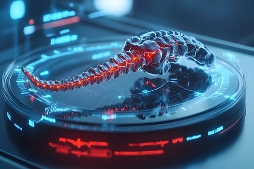 A detailed study of an alien bone is conducted in a high-tech laboratory featuring advanced holographic displays and scientific equipment. The specimen exhibits unique anatomical features.