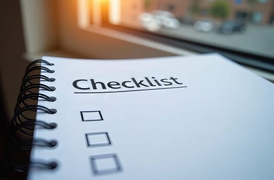 A checklist is placed on a desk near a window, with natural light illuminating the paper. The empty boxes indicate tasks yet to be completed, emphasizing organization and planning.