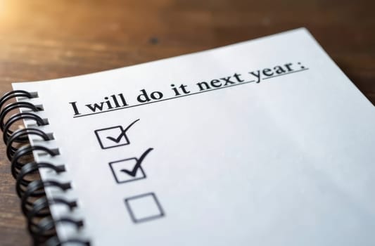 A handwritten list in a spiral notebook emphasizes future intentions. The top reads I will do it next year with completed checkboxes indicating planned activities and aspirations.