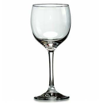 A clear, elegant glass with a long stem is positioned on a wooden table. It waits to be filled with a refreshing beverage during a social gathering or dinner.