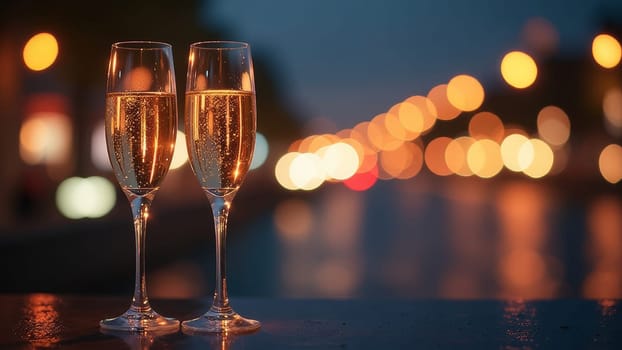 Two elegant glasses filled with sparkling beverages sit on a ledge, illuminated by soft street lights and city ambiance during dusk. The vibrant city atmosphere enhances the festive mood. Copy space
