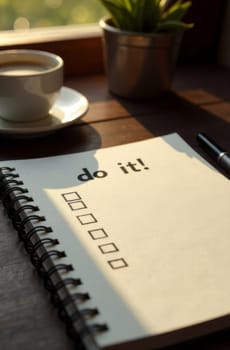 A cozy workspace featuring a notebook with the phrase do it! and empty checkboxes. A cup of coffee sits nearby, with sunlight illuminating the wooden surface, creating a warm atmosphere.