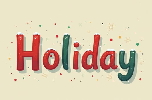 Colorful letters spelling out the word holiday are adorned with snow and surrounded by stars and dots. This festive design evokes a cheerful winter atmosphere perfect for celebrations.