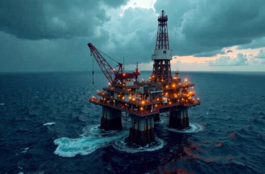 An offshore oil rig stands illuminated against a backdrop of dark, swirling clouds at dusk. The structure features cranes and lights, surrounded by turbulent ocean waves, creating a stark contrast.