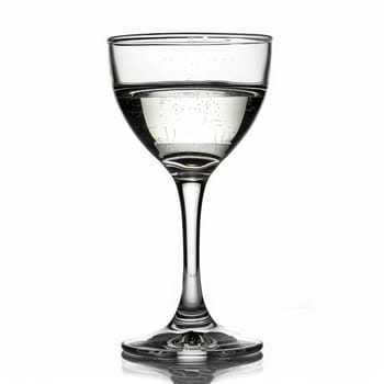 A classic cocktail glass stands upright, filled with a sparkling clear liquid, showcasing its elegant shape. The glass reflects light subtly against a white background, creating a clean look.