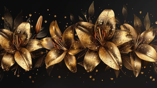 Delicate golden lilies embellished with glitter are arranged gracefully against a sleek black backdrop, showcasing elegance and charm, perfect for decorative or artistic purposes.