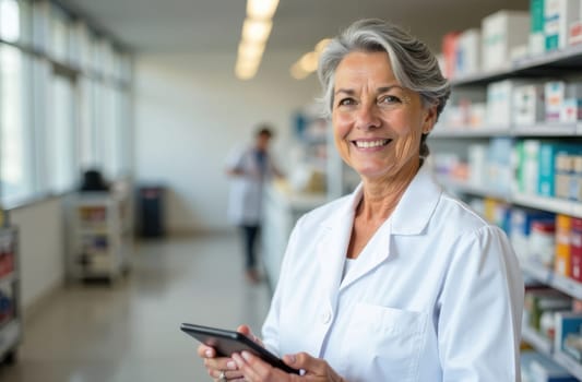 A pharmacist stands in a bright, well-organized pharmacy. They hold a tablet while engaging with customers.