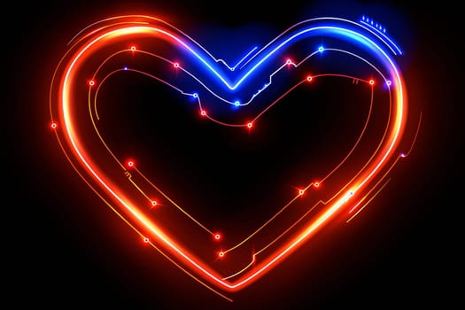 A glowing heart shape made of bright red and blue lights shines against a dark background. The colorful design creates a lively atmosphere, perfect for celebrations and nighttime festivities.