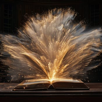 An ancient book lies open on a wooden table, with vibrant golden sparks exploding from its pages, creating a mesmerizing display of light in the dimly lit room, evoking a sense of magic and wonder.