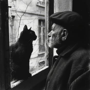An elderly man and a black cat engage in a serene encounter. The man, wearing a dark cap, gazes intently at the cat from a window, surrounded by a cozy atmosphere and rustic architecture.