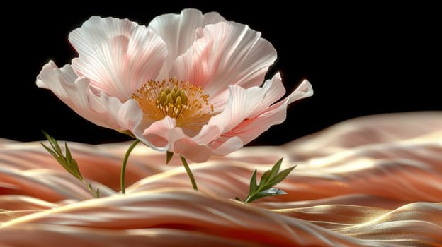 A single peony flower blooms gracefully atop gently undulating fabric. The soft, pastel colors of the fabric enhance the flower's delicate petals, creating a serene and harmonious atmosphere.