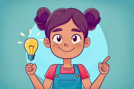 A cheerful girl with two buns in her hair holds a light bulb aloft, representing inspiration and creativity. She wears a blue overall over a red shirt, set against a bright background.