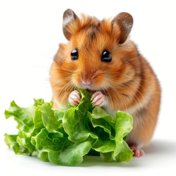 This adorable hamster is munching on a piece of fresh lettuce, showcasing its fluffy fur and bright eyes. The vibrant green of the lettuce contrasts with the hamster's warm colors.