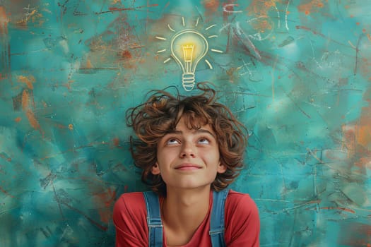 A young boy with curly hair looks up thoughtfully, a bright light bulb glowing above him. The vibrant teal backdrop enhances his expression of curiosity and inspiration.