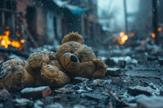 A lonely teddy bear lies abandoned on a rubble-strewn street, surrounded by chaos. Debris and smoking ruins indicate the aftermath of destruction during a conflict, evoking deep sadness.