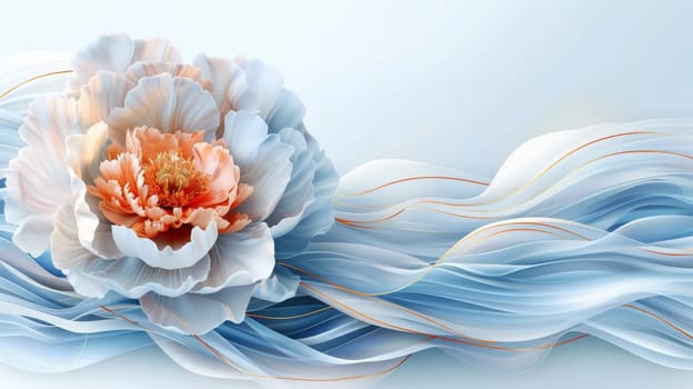 A beautiful flower with delicate petals is surrounded by flowing waves in soft blue tones. The color palette creates a serene and calming atmosphere, perfect for floral enthusiasts.