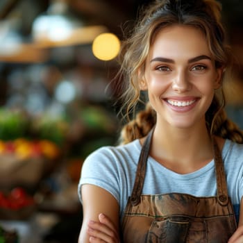 A young woman with a warm smile stands confidently at a market stall filled with fresh fruits and vegetables. She wears a casual shirt and an apron, radiating positivity and approachability.