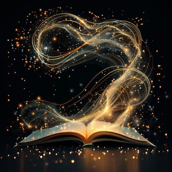 An open book emits golden lights and swirling particles, creating a magical atmosphere. The dark background highlights the enchanting glow, captivating the viewer's attention.