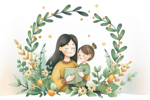 A mother and her daughter share a joyful moment as they read a storybook together, surrounded by a decorative wreath of green leaves and blossoms. Their smiles reflect warmth and connection.