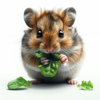 A small, fluffy hamster sits on a white surface, munching on a piece of fresh lettuce. Its shiny eyes and soft fur create a charming and delightful view of this adorable pet.