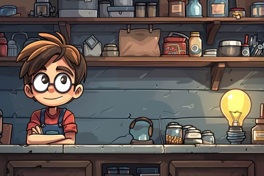A young boy stands in a quaint workshop filled with jars, tools, and warm light. He smiles confidently, showcasing the joy of creativity and discovery as evening approaches.
