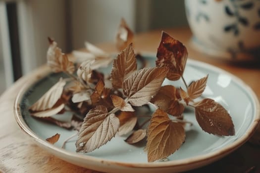 A collection of dried leaves rests on a light blue ceramic plate in a warm, inviting space. Soft natural light enhances the earthy tones of the leaves and the plate.