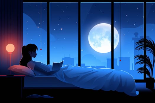 A person sits comfortably in bed, reading a book. The bright moon illuminates the room through large windows, casting a serene atmosphere in the night sky.