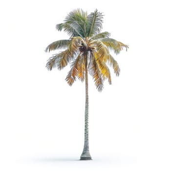 A single tall palm tree stands prominently with its lush, green fronds reaching upwards.