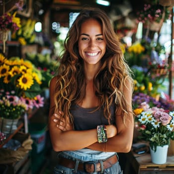 A woman with long, wavy hair smiles joyfully as she poses in a bustling flower market filled with bright blooms. Sunlight filters through the vibrant displays, creating a cheerful atmosphere.