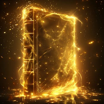 A radiant golden book floats in a dark background, surrounded by shimmering particles of light. The book's cover glows, evoking a sense of mystery and magic.