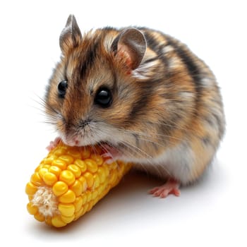 A small hamster with brown and beige fur is happily munching on a yellow piece of corn. The setting is clean and bright, indicating a cozy indoor atmosphere during the day.