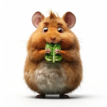 A fluffy hamster stands upright, firmly grasping a piece of fresh lettuce with its paws. Its round body and expressive eyes make it an adorable sight in a well-lit environment.