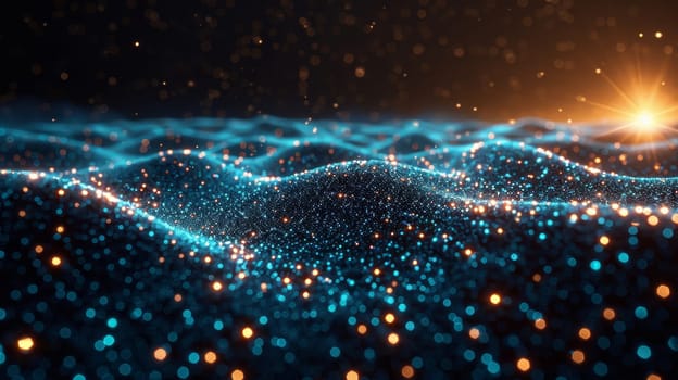 Soft undulating waves of sparkling blue and gold light create a mesmerizing visual effect in a dark setting. The glow resembles a tranquil ocean under the twilight sky, evoking a sense of calm.
