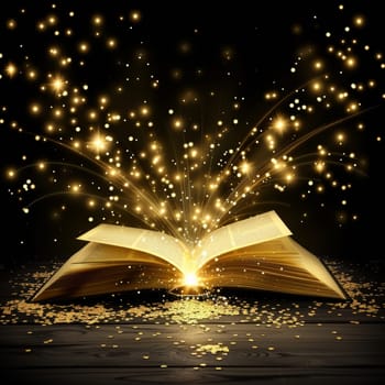 An open book emits a burst of sparkling light and golden particles in a dark setting. The scene conveys a sense of wonder and magic, capturing the imagination with its enchanting glow.