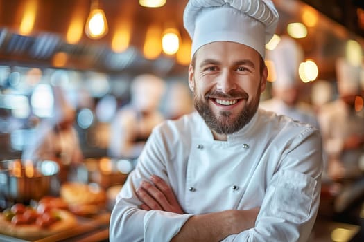 A chef with a beard and white uniform stands confidently in a busy kitchen, surrounded by fellow cooks preparing various dishes during a lively dinner service.