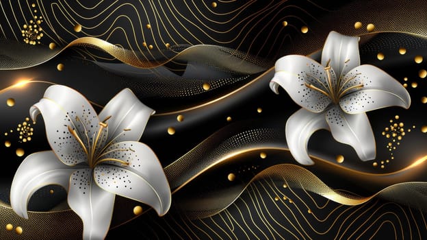 White lilies elegantly intertwine with golden wave patterns against a bold black backdrop. The design highlights the flowers' beauty with shimmering gold details, creating a luxurious feel.