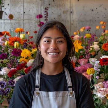 A young florist stands proudly in a flower shop filled with a variety of colorful blooms. Bright flowers create a lively atmosphere, showcasing the joy of floral artistry and customer service.