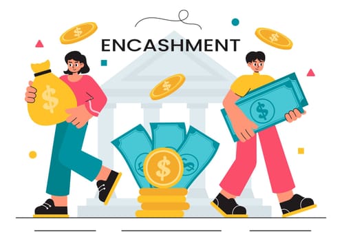 Encashment Vector Illustration featuring Employees Receiving Payment or Financial Compensation from Banking Collections in a Flat Style Background