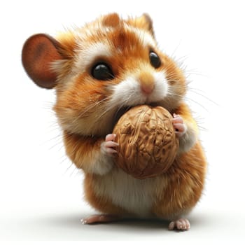 A small hamster with orange and white fur clutches a walnut in its paws. It appears curious and playful, showcasing its adorable features in a bright, clean setting.