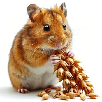 A small hamster with orange-brown fur sits contentedly, grasping a cluster of seeds. The animal appears curious and playful in a warm, inviting indoor environment, surrounded by soft light.