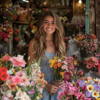 A young woman with long hair smiles brightly while holding a bouquet of flowers in a vibrant flower shop. The shop is abundant with various colorful blooms creating a cheerful atmosphere.