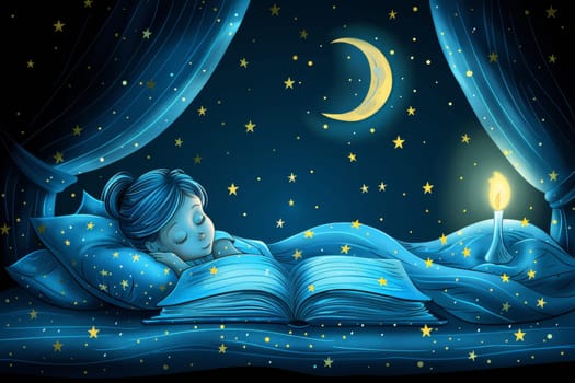 A young child is soundly sleeping in a cozy bed, surrounded by soft blue blankets. Stars twinkle in the night sky outside the window, and a gentle candle flickers beside them.
