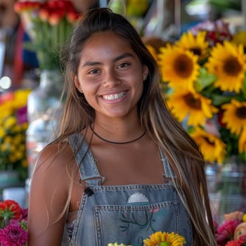 A young woman with long hair stands joyfully among colorful flowers at a bustling market. She wears denim overalls and radiates happiness, surrounded by sunflowers and other blooms.