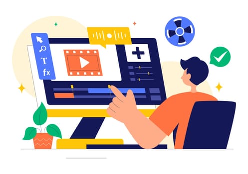 Vector Illustration of a Video Editor Program featuring Video Editing Software for Creating Animated Movies or Clips in a Flat Style Background