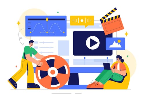 Vector Illustration of a Video Editor Program featuring Video Editing Software for Creating Animated Movies or Clips in a Flat Style Background