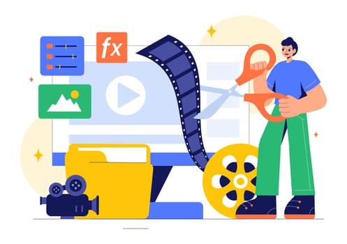Vector Illustration of a Video Editor Program featuring Video Editing Software for Creating Animated Movies or Clips in a Flat Style Background