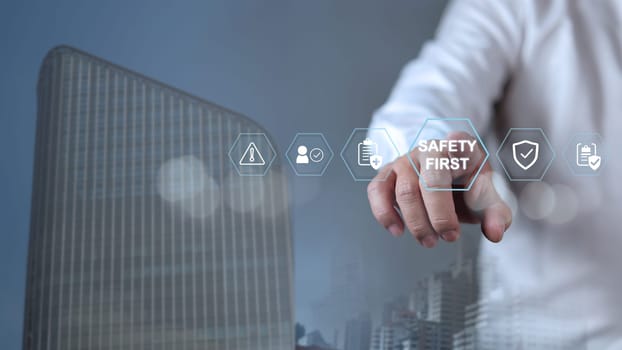 Safety first and work safety concept. Work safety concept, Concept safety first as a priority in professional environments, Safety first, Regulations and group insurance, Working standard process.