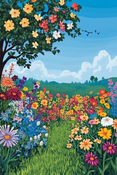 A colorful wildflower meadow with diverse blooms under a bright blue sky, featuring birds flying and lush greenery in a tranquil countryside setting.