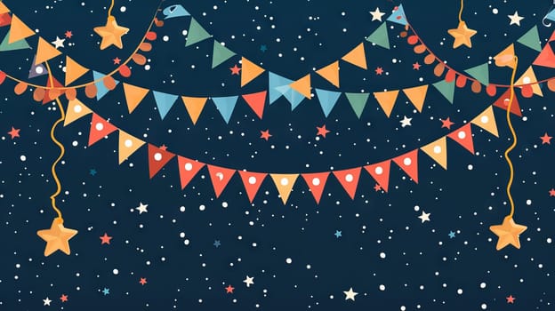 A colorful background with patriotic garlands and ribbons