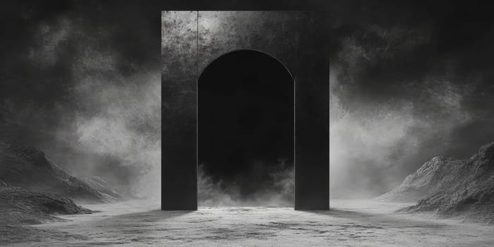 A dark, mysterious archway stands in a foggy, desolate landscape, creating an eerie and dramatic atmosphere.